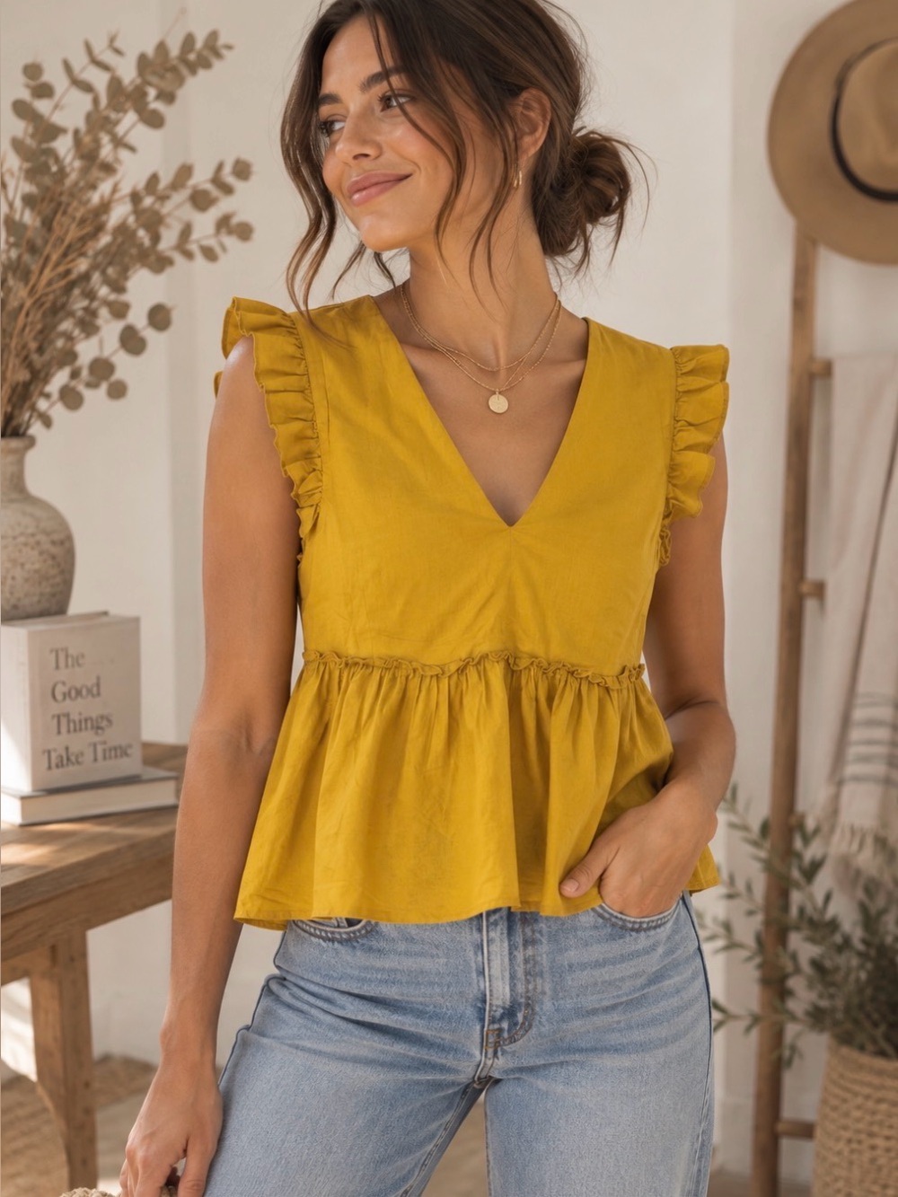 Quiero XS Mustard Yellow Ruffle Peplum Blouse Boho Cottagecore Tie Back Top